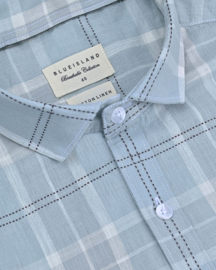Mild Green & Black dotted Line Checks -Full-Cotton Linen Shirt