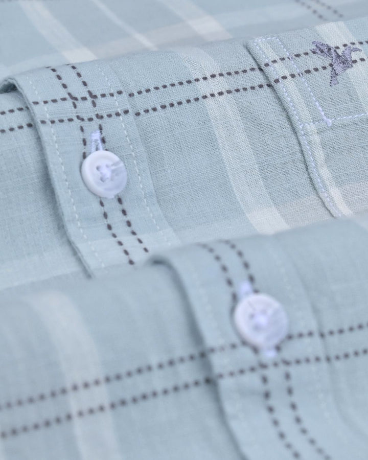 Mild Green & Black dotted Line Checks -Full-Cotton Linen Shirt