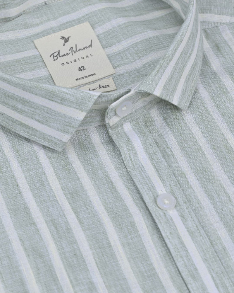 Sage Green & Yellow Stripes -Full-Bamboo Linen