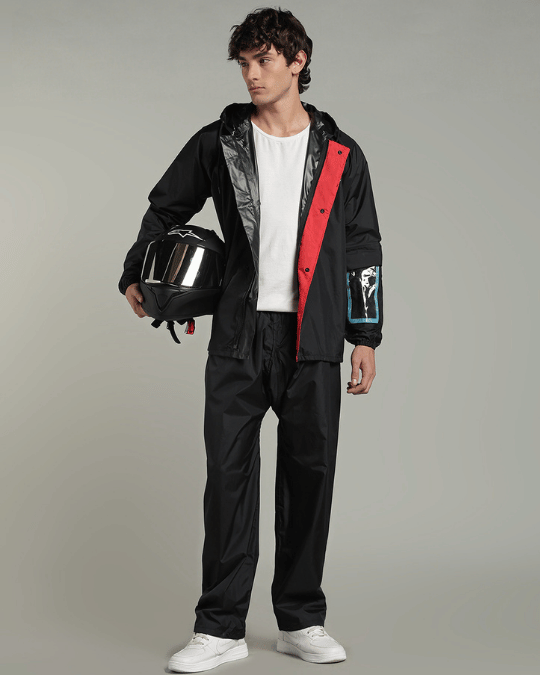 Matte Black with Red Border - Rain Jacket with Pant & Mobile Pouch