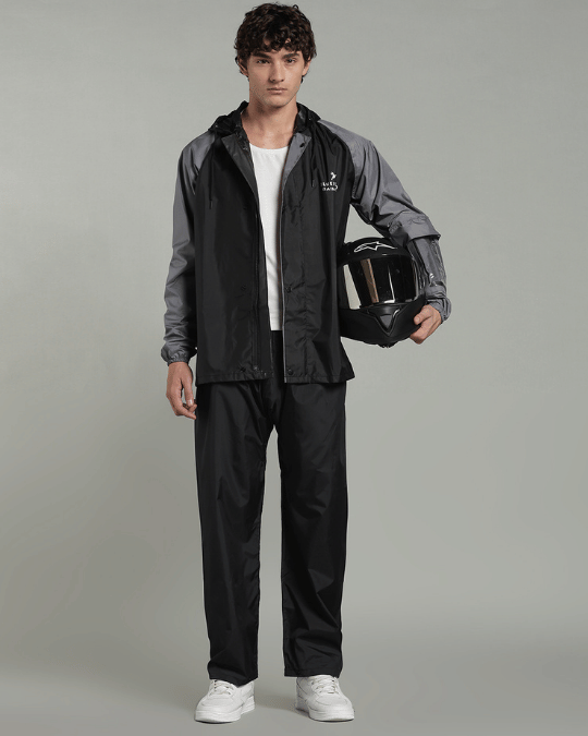 Black with Grey Sleeve - Rain Jacket with Pant & Mobile Pouch
