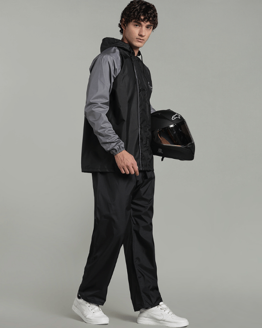 Black with Grey Sleeve - Rain Jacket with Pant & Mobile Pouch