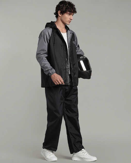 Black with Grey Sleeve - Rain Jacket with Pant & Mobile Pouch
