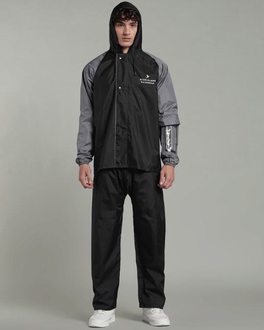 Black with Grey Sleeve - Rain Jacket with Pant & Mobile Pouch