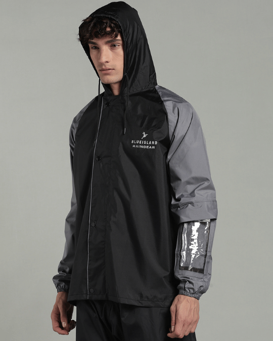 Black with Grey Sleeve - Rain Jacket with Pant & Mobile Pouch