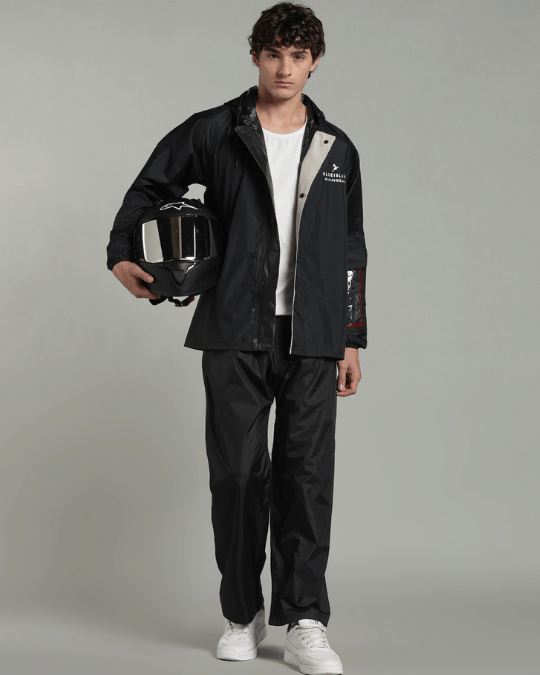 Black with Cream Border - Rain Jacket with Pant & Mobile Pouch