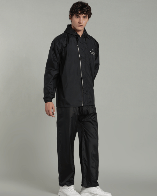 Black with Cream Border - Rain Jacket with Pant & Mobile Pouch