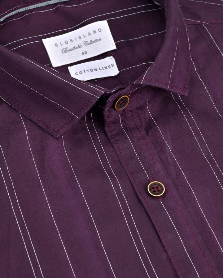 Dark Wine Twin Stripes -Full-Cotton Linen Shirt