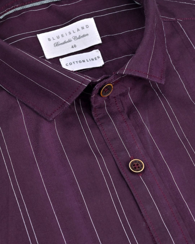 Dark Wine Twin Stripes -Full-Cotton Linen Shirt