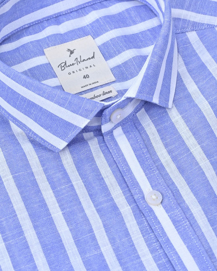 Bright Blue & White Stripes -Full-Bamboo Linen