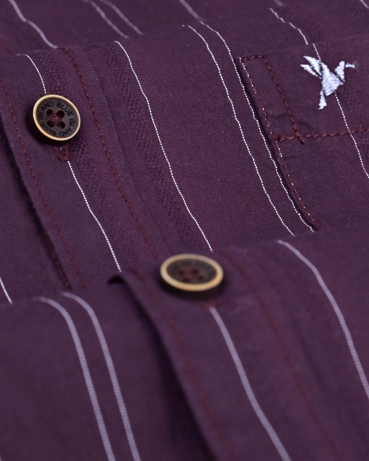 Dark Wine Twin Stripes -Full-Cotton Linen Shirt