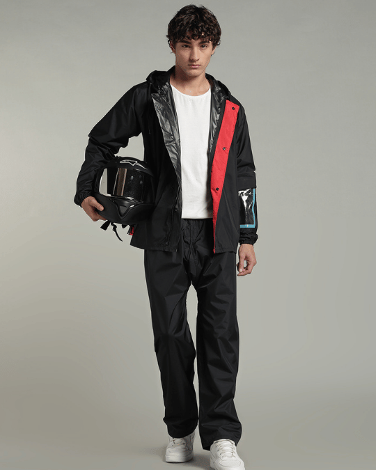 Matte Black with Red Border - Rain Jacket with Pant & Mobile Pouch