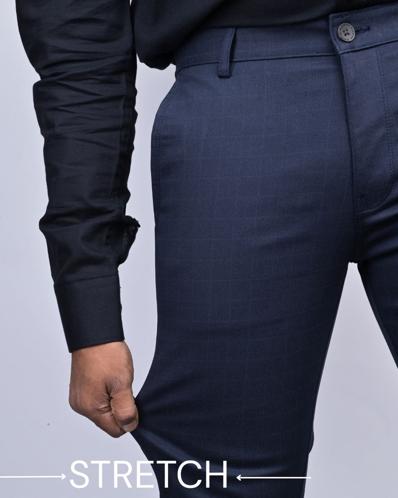 Navy Wavy Checked - 2 way stretch - COTTON PANT