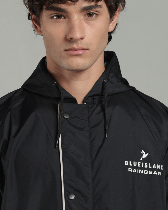 Black with Cream Border - Rain Jacket with Pant & Mobile Pouch