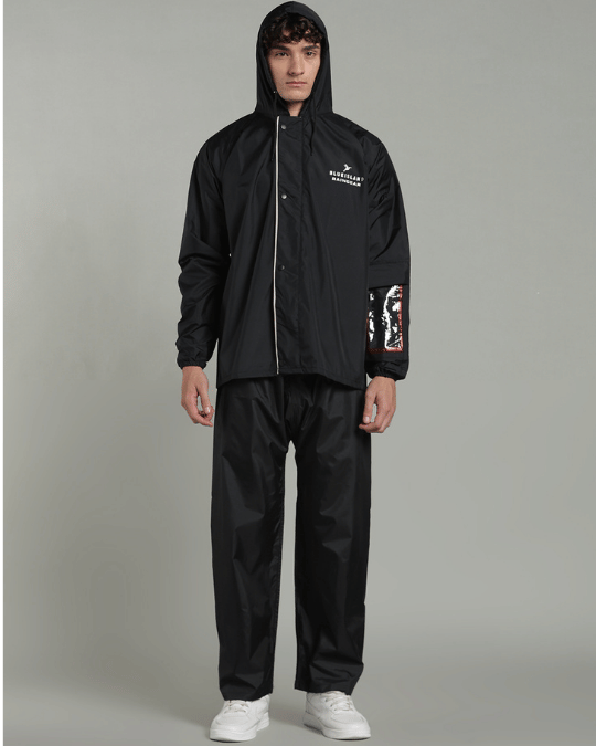 Black with Cream Border - Rain Jacket with Pant & Mobile Pouch