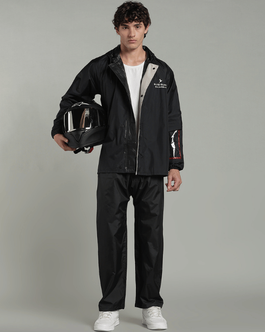 Black with Cream Border - Rain Jacket with Pant & Mobile Pouch