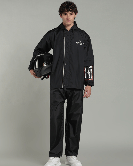 Black with Cream Border - Rain Jacket with Pant & Mobile Pouch
