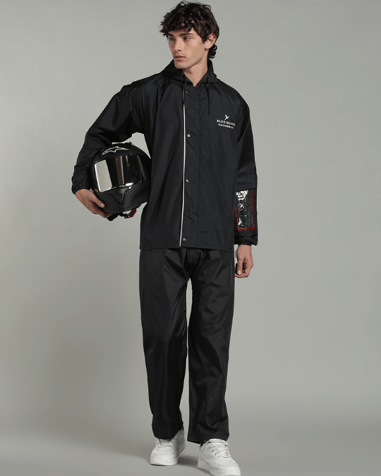 Black with Cream Border - Rain Jacket with Pant & Mobile Pouch