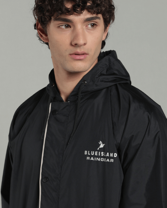 Black with Cream Border - Rain Jacket with Pant & Mobile Pouch