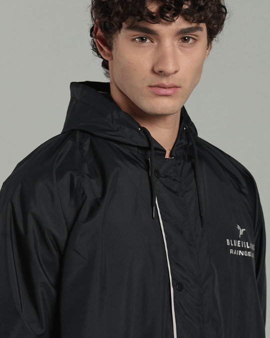 Black with Cream Border - Rain Jacket with Pant & Mobile Pouch