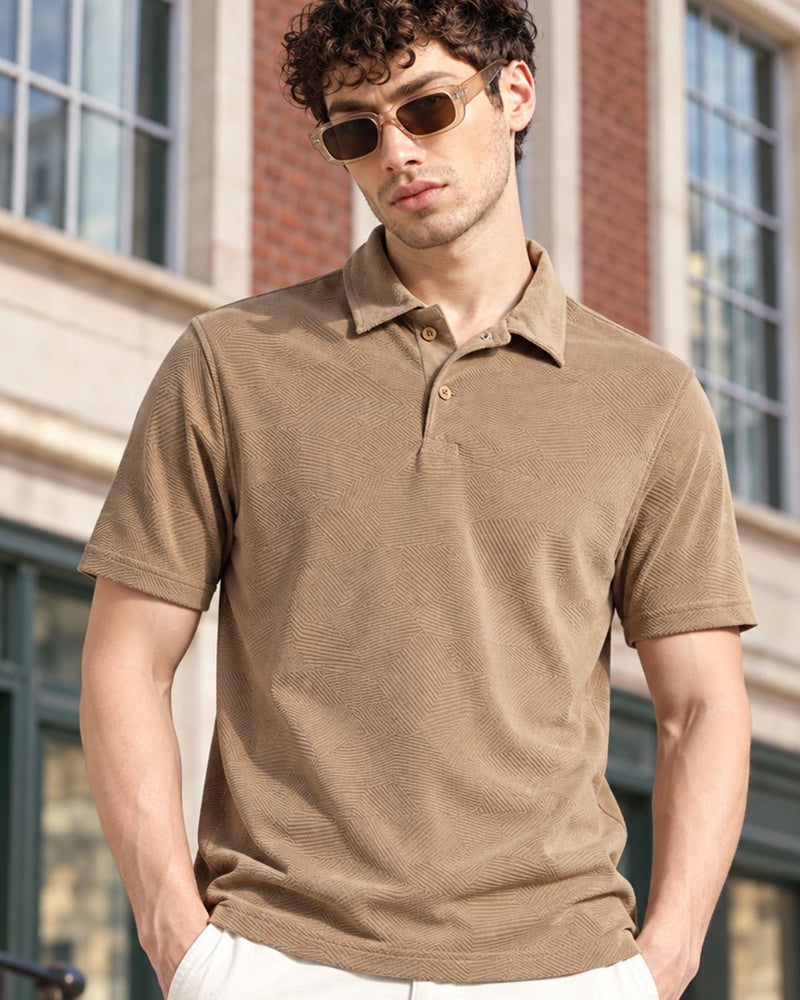 Tan Brown Geometric Textured - Polo Tshirt