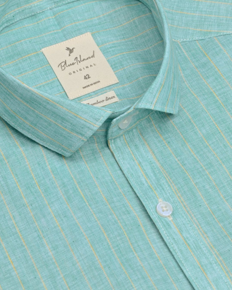 Turquoise Green & Yellow Line Stripes -Half Sleeve-Bamboo Linen