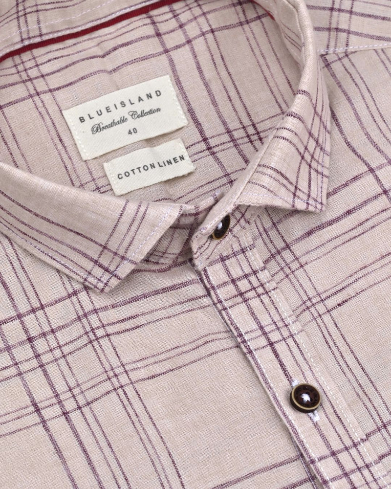 Cream & Maroon Multi Line Checks -Full-Cotton Linen Shirt