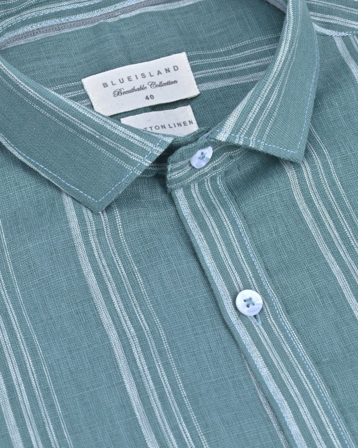 Green Multi Line Stripes -Full-Cotton Linen Shirt