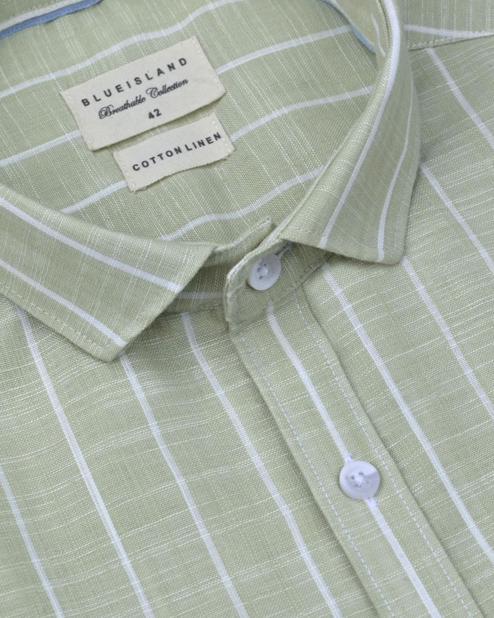 Pistah Green & White Line Stripes -Full-Cotton Linen Shirt