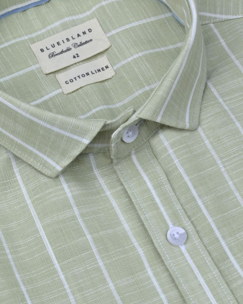 Pistah Green & White Line Stripes -Full-Cotton Linen Shirt