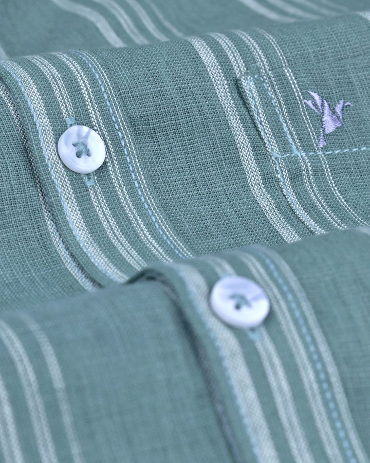 Green Multi Line Stripes -Full-Cotton Linen Shirt