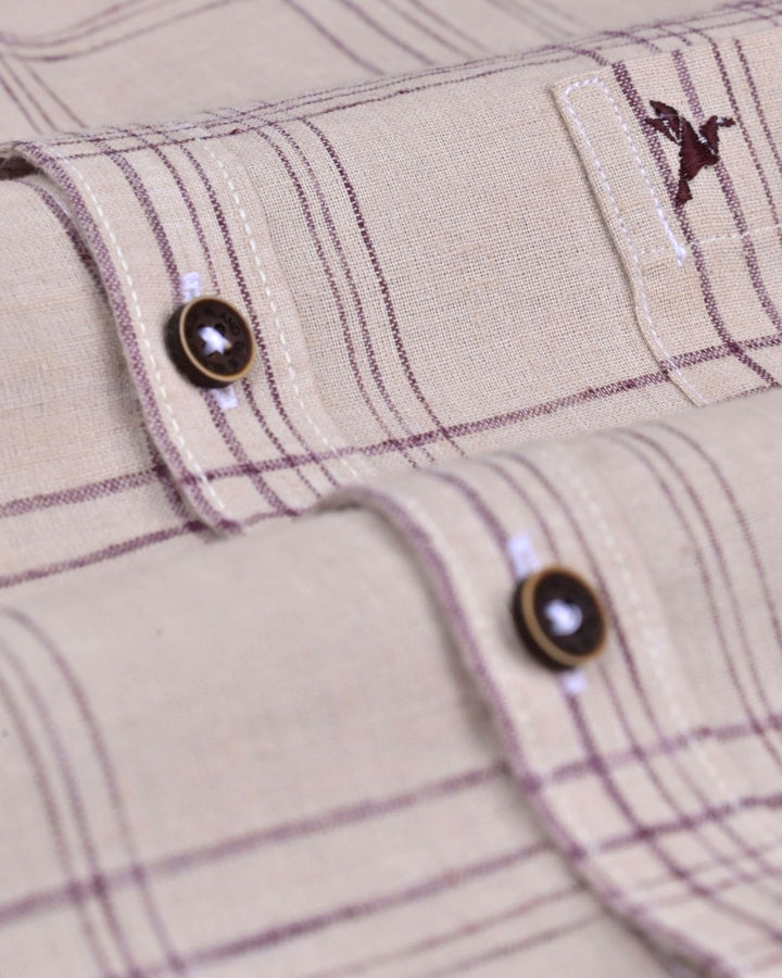 Cream & Maroon Multi Line Checks -Full-Cotton Linen Shirt