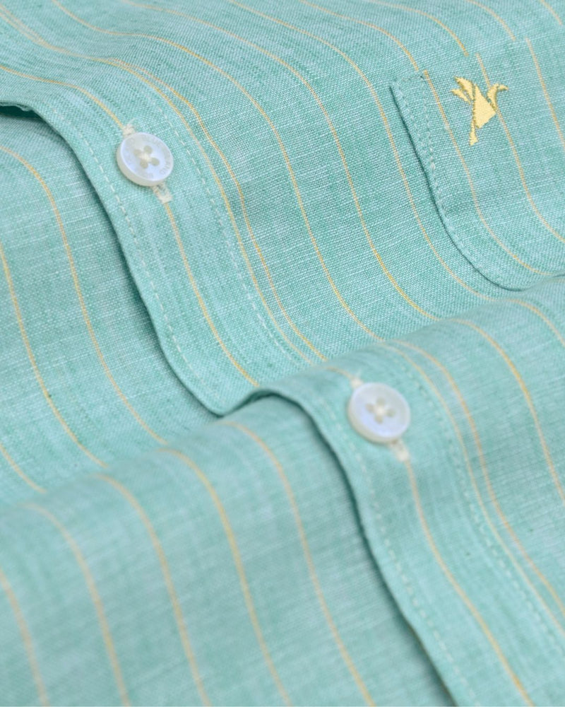 Turquoise Green & Yellow Line Stripes -Half Sleeve-Bamboo Linen