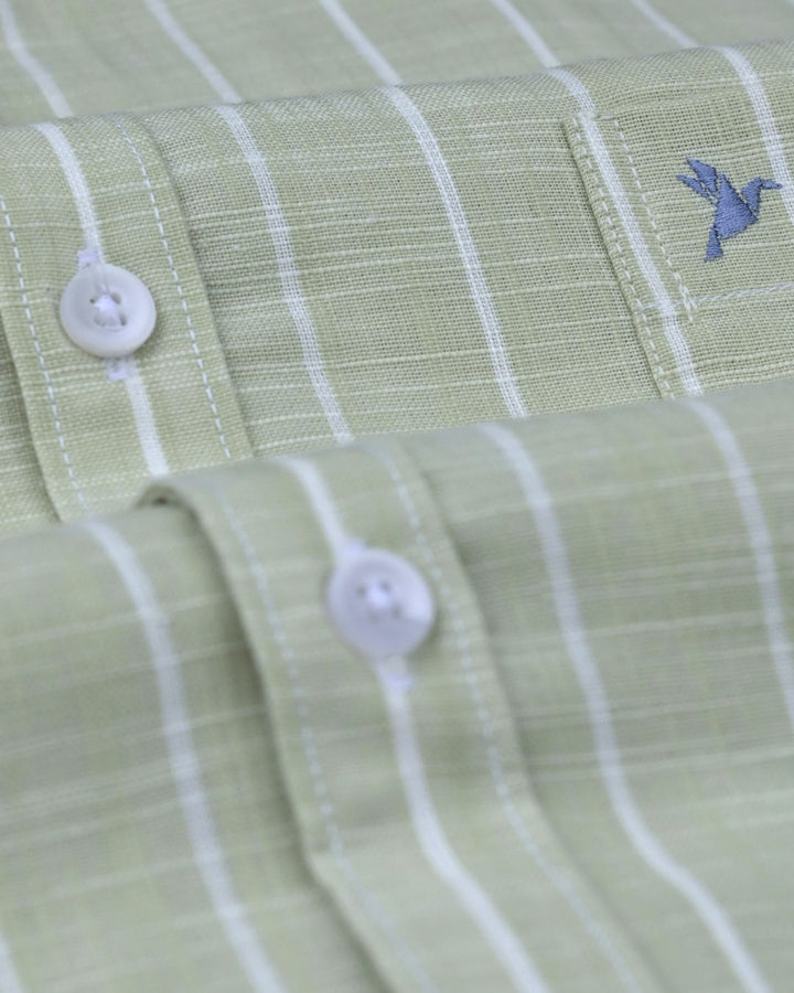 Pistah Green & White Line Stripes -Full-Cotton Linen Shirt