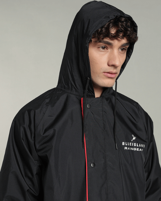 Matte Black with Red Border - Rain Jacket with Pant & Mobile Pouch
