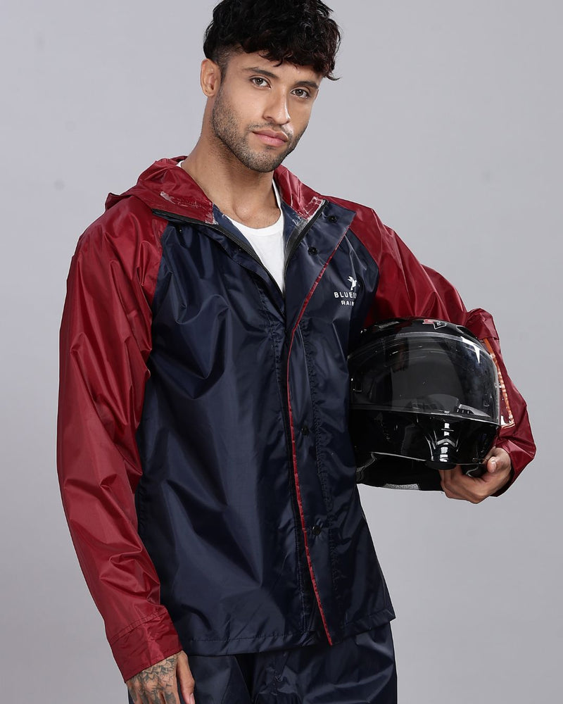 Navy Blue with Maroon - Rain Jacket with Pant and Mobile Pouch