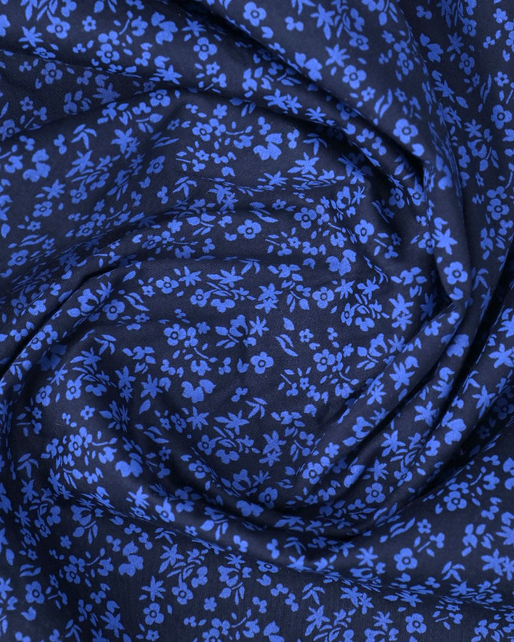 Dark Blue Floral Print-Full-Cotton Linen Shirt