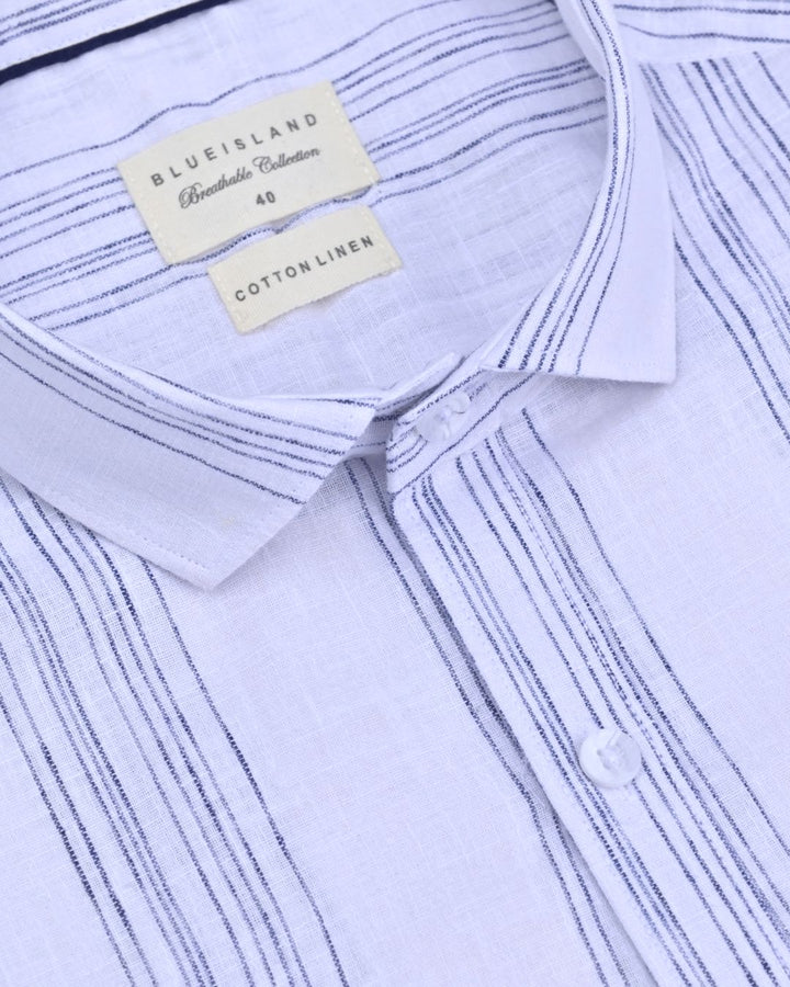 White & Navy Multi Line Stripes -Full-Cotton Linen Shirt