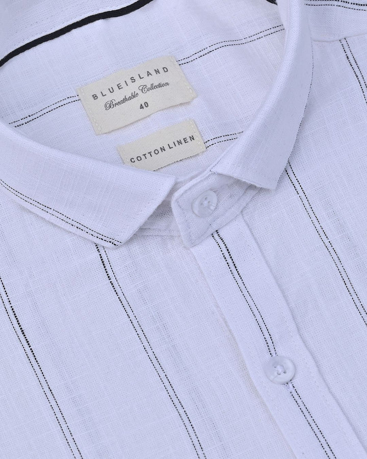 White & Black Double Dotted Line Stripes -Full-Cotton Linen Shirt