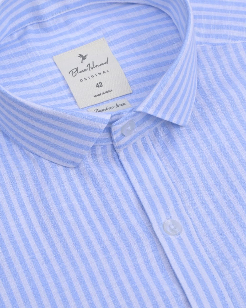 White & Blue Parallel Stripes -Full-Bamboo Linen