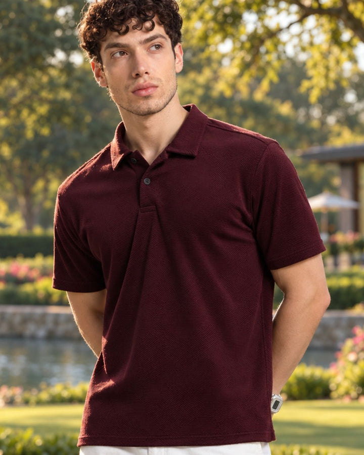 Burgundy Geometric Textured - Polo Tshirt
