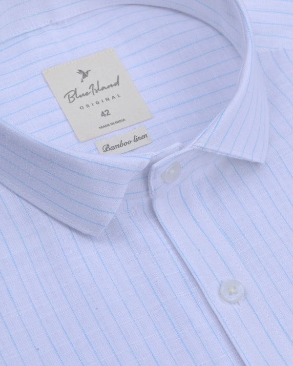 White & Blue Line Stripes -Full-Bamboo Linen