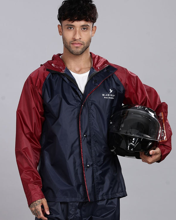 Navy Blue with Maroon - Rain Jacket with Pant and Mobile Pouch