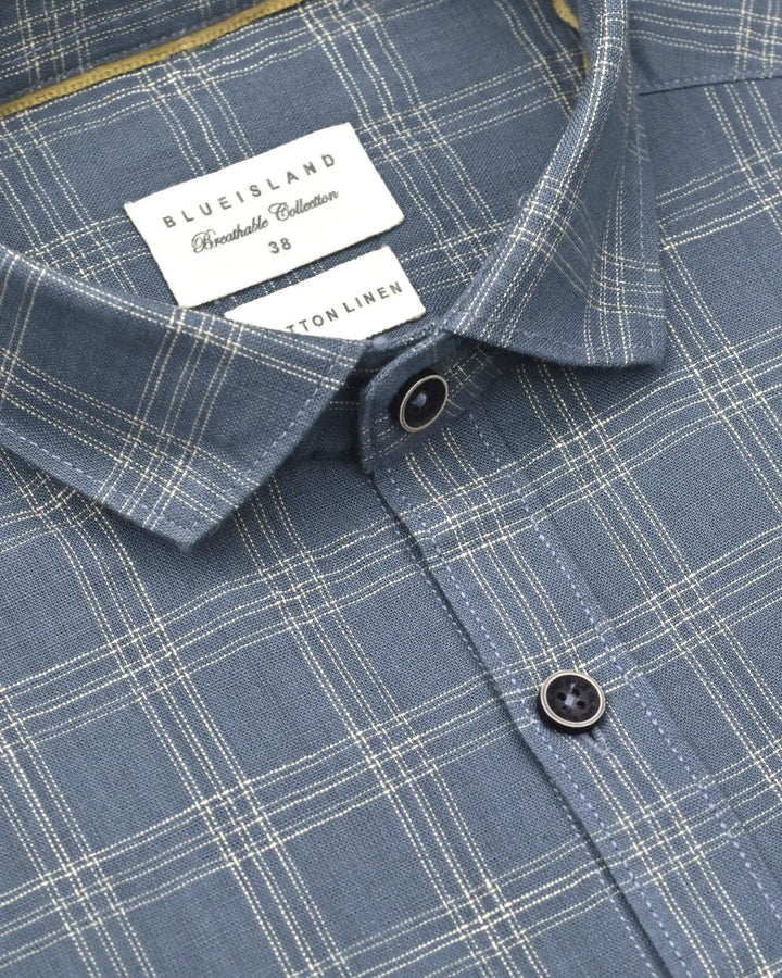 Bluish Grey Triple Line Checks -Full-Cotton Linen Shirt