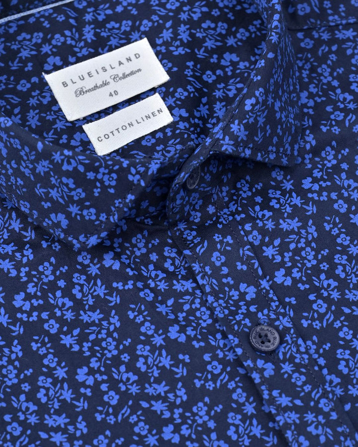 Dark Blue Floral Print-Full-Cotton Linen Shirt