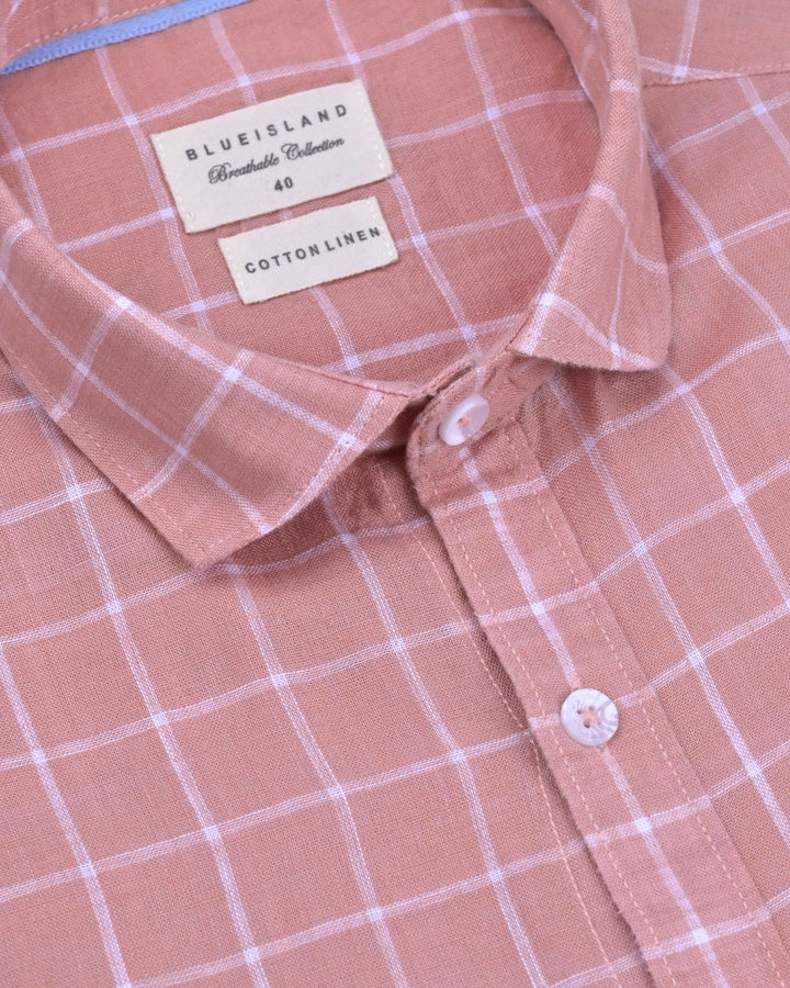 Salmon Orange & White Checks - Half Sleeve -Cotton Linen Shirt
