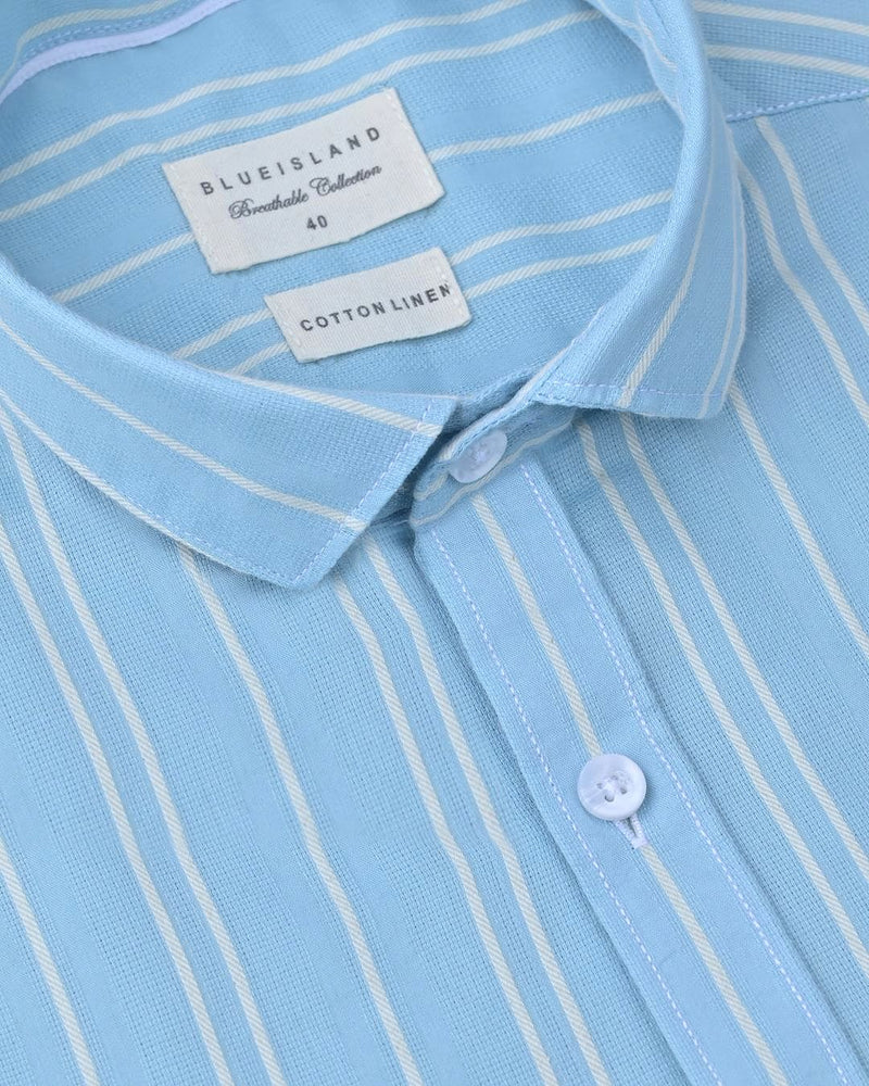Sky Blue Double Line Stripes -Full-Cotton Linen Shirt