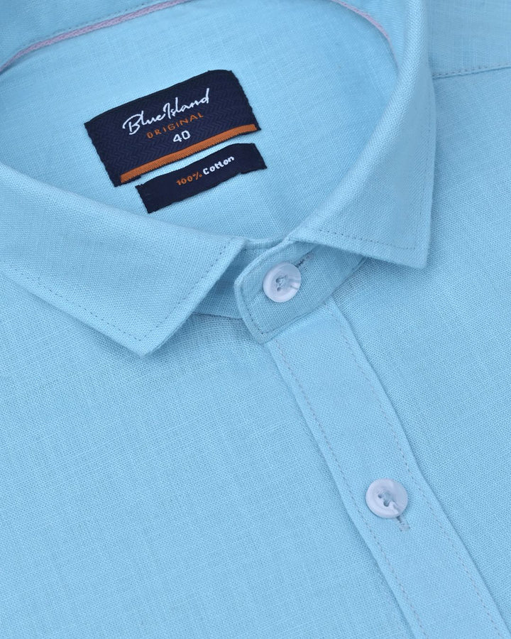 Sky Blue Solid-Full-Cotton Linen Shirt