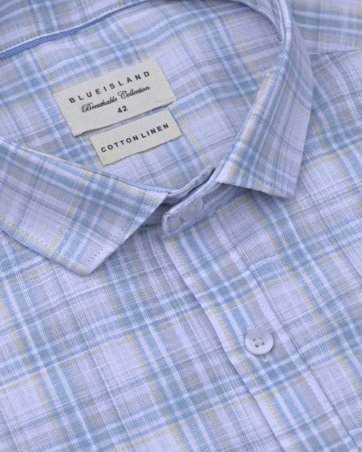 Autumn Blue & Yellow Checks -Full-Cotton Linen Shirt