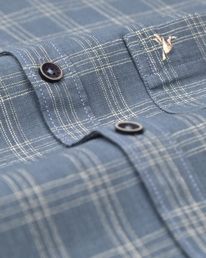 Bluish Grey Triple Line Checks -Full-Cotton Linen Shirt